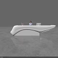 Modern White Reception Desk With Curved Design And Staff In Interior Space