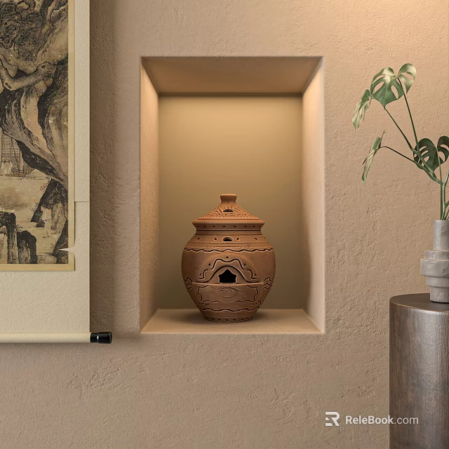 Terracotta Jar In Illuminated Wall Niche With Scroll Painting And Green Plant 3d model 