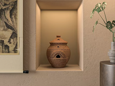 Terracotta Jar In Illuminated Wall Niche With Scroll Painting And Green Plant 3d model