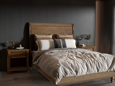 Double Bed With Brown Wooden Headboard Soft Pillows Light Bedding And Bedside Tables 3d model