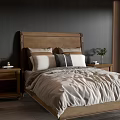 Double Bed With Brown Wooden Headboard Soft Pillows Light Bedding And Bedside Tables