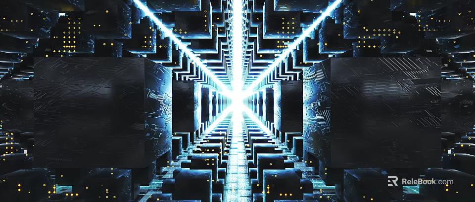 Futuristic Tech Landscape with Symmetrical Tunnel Structure Neon Blue Light Beams and Circuit Inspired Details 3d model 