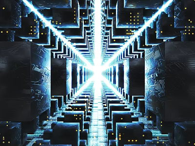 Futuristic Tech Landscape with Symmetrical Tunnel Structure Neon Blue Light Beams and Circuit Inspired Details 3d model