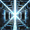 Futuristic Tech Landscape with Symmetrical Tunnel Structure Neon Blue Light Beams and Circuit Inspired Details