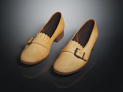 Classic Beige Leather Shoes With Round Toe Block Heel And Metal Buckle 3d model