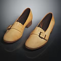 Classic Beige Leather Shoes With Round Toe Block Heel And Metal Buckle