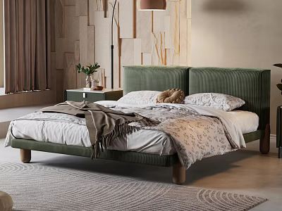 Green Upholstered Double Bed in Modern Bedroom with Wooden Wall Nightstand Plant and Floor Lamp 3d model