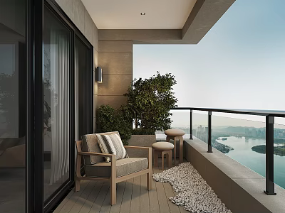 Home Balcony Interior With Wooden Floor Chair Stool Potted Plant And River View 3d model