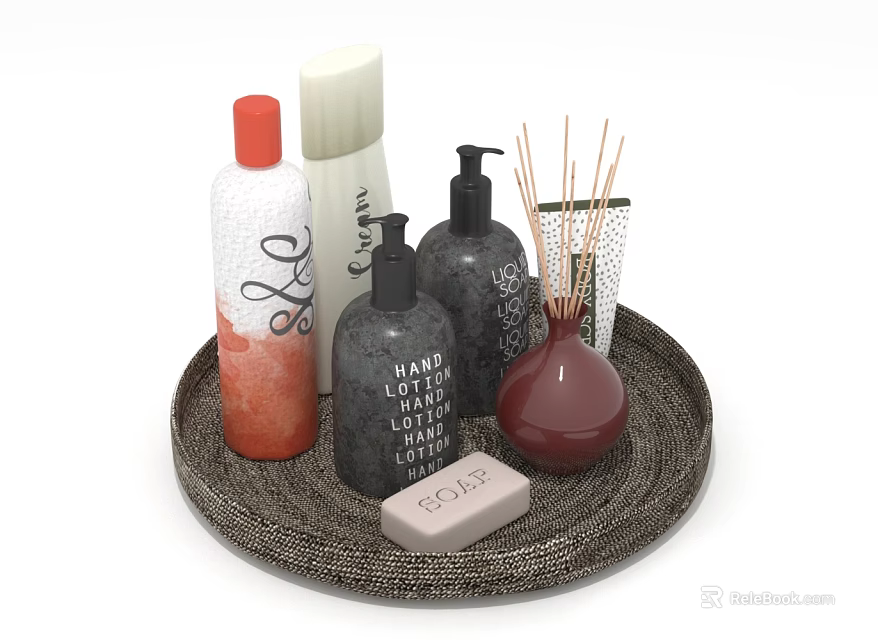 Bathroom Aromatherapy Essentials With Wicker Tray Relax Soap Bottles And Fragrance Sticks 3d model 