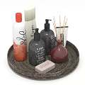 Bathroom Aromatherapy Essentials With Wicker Tray Relax Soap Bottles And Fragrance Sticks