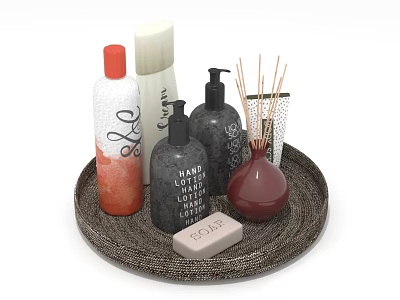 Bathroom Aromatherapy Essentials With Wicker Tray Relax Soap Bottles And Fragrance Sticks 3d model