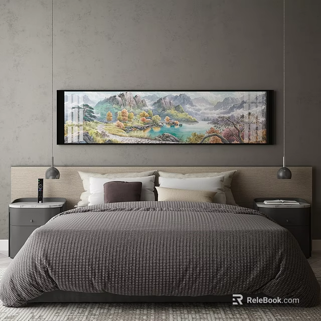 Comfortable Double Bed With Gray Quilt Pillows Nightstands Table Lamps And Wall Landscape Painting 3d model 