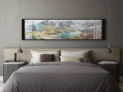 Comfortable Double Bed With Gray Quilt Pillows Nightstands Table Lamps And Wall Landscape Painting 3d model