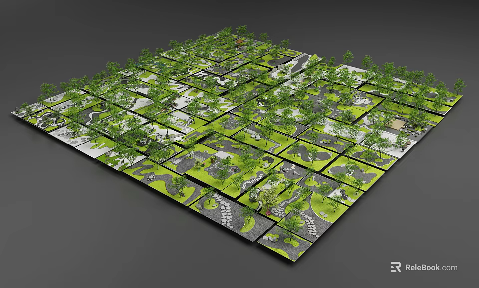 Japanese Dry Landscape Garden Design With Grid Layout Green Plants And White Paths 3d model 