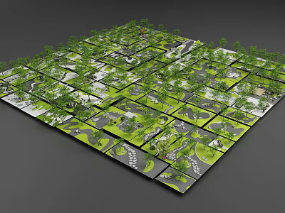 Japanese Dry Landscape Garden Design With Grid Layout Green Plants And White Paths 3d model