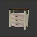 White Nightstand With Three Drawers Wooden Top And Black Metal Accents