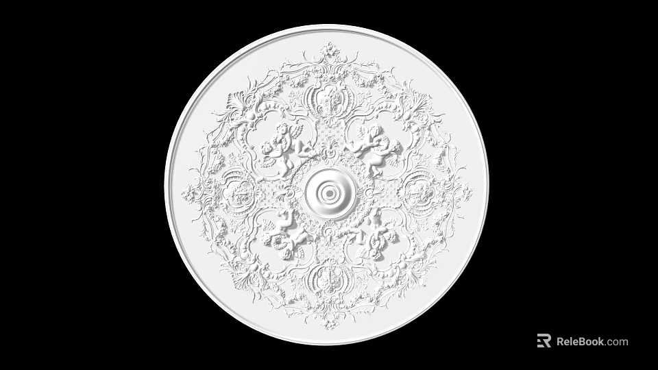 White Decorative Round Ceiling Medallion Featuring Intricate Floral And Scroll Patterns 3d model 