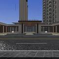 Modern High Rise Building Entrance Gate With Glass Doors Stone Accents Greenery And Lamp Posts
