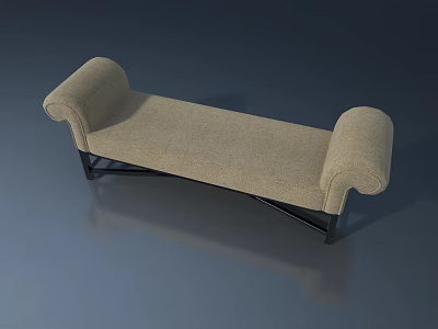 Beige Fabric Bench with Curved Armrests and Black Metal Frame on Dark Blue Reflective Surface 3d model
