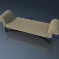 Beige Fabric Bench with Curved Armrests and Black Metal Frame on Dark Blue Reflective Surface