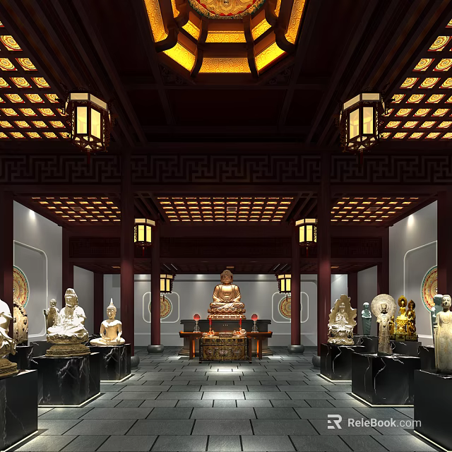 Traditional Chinese Religious Temple Interior With Buddha Statues Lanterns And Sacred Altar 3d model 