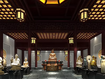 Traditional Chinese Religious Temple Interior With Buddha Statues Lanterns And Sacred Altar 3d model