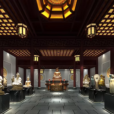 Traditional Chinese Religious Temple Interior With Buddha Statues Lanterns And Sacred Altar 3d model