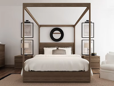 Double Bed with Wooden Four Poster Frame White Bedding Bedside Tables and Lamps 3d model