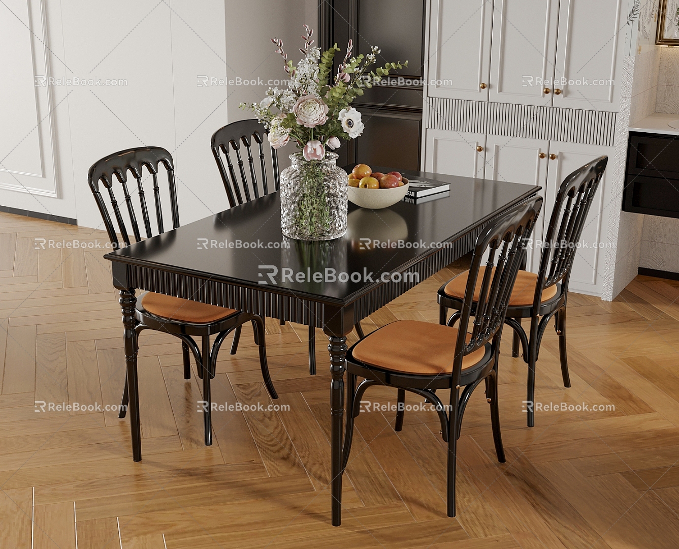 French Retro Dining Table and Chair Black Solid Wood Dining Chair 3d model