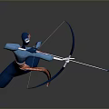 Animated Archer Character In Blue Orange Outfit Jumping While Drawing Bow