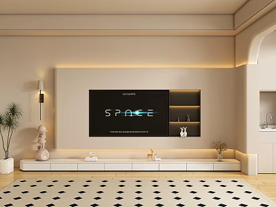 Modern Minimalist TV Background Wall With Built-in LED Lights White Storage Cabinets And Decorative Items 3d model