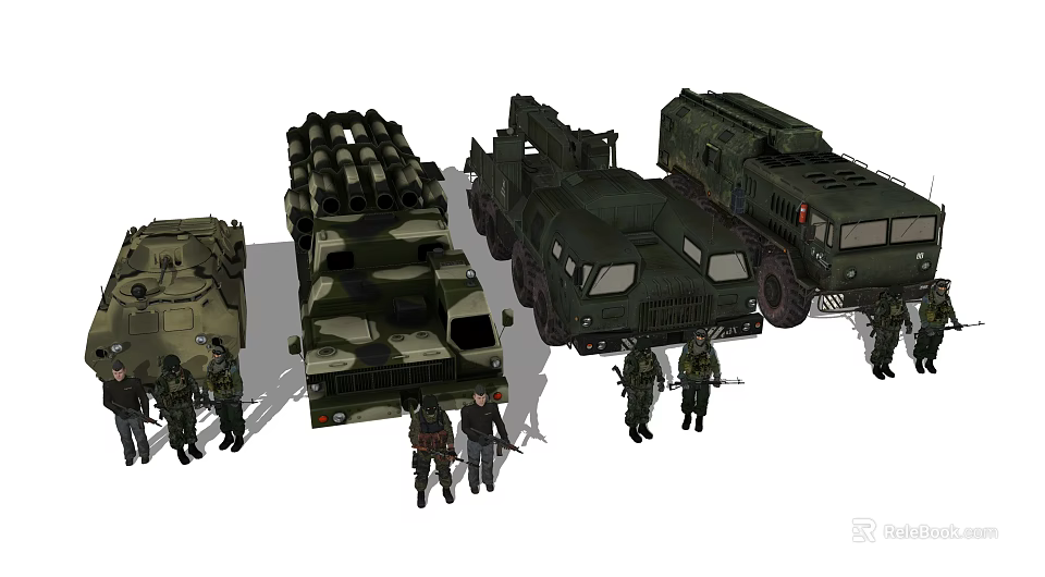 Military Utility Vehicles Including Missile Launchers And Transport Trucks With Soldiers Standing Around 3d model 