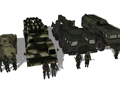 Military Utility Vehicles Including Missile Launchers And Transport Trucks With Soldiers Standing Around 3d model