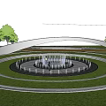 Sunny Outdoor Football Stadium with Circular Tiered Stands Central Pitch Green Trees and People Walking