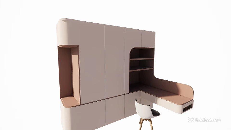 Modern Beige Wardrobe With Multiple Doors Extended Worktop And White Chair 3d model