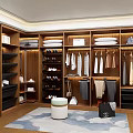 Modern Walk in Closet Interior With Wooden Cabinets Hanging Clothes Folded Garments Shoes And Bags