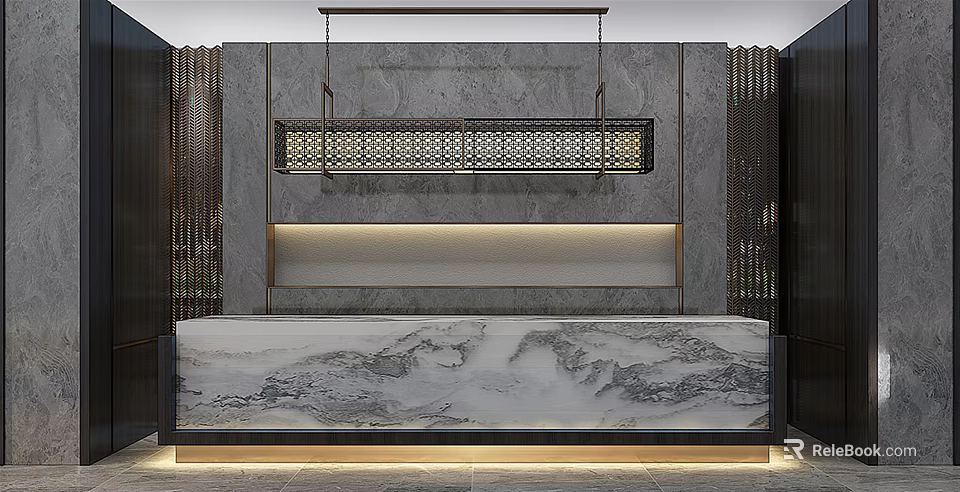 Modern Reception Desk Interior Design With Marble Countertop And Decorative Lighting 3d model 