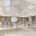 Luxurious Banquet Hall Interior With Set Tables Blue Chair Sashes Vase Decorations And Illuminated Ceiling