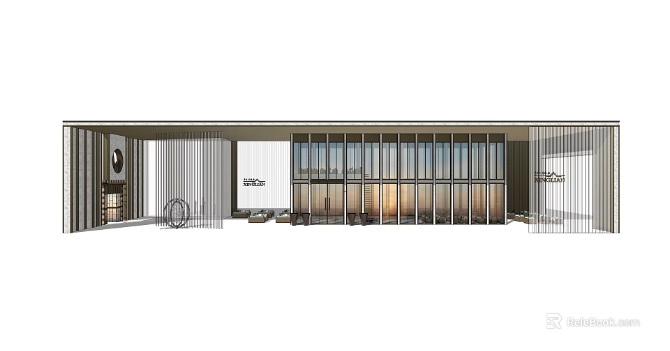Modern Sales Office Building with Glass Curtain Wall Simple Design and Outdoor Seating Area 3d model 