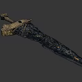 Ancient Ornate Sword with Golden Intricate Design and Red Gemstone Embedded on Detailed Hilt