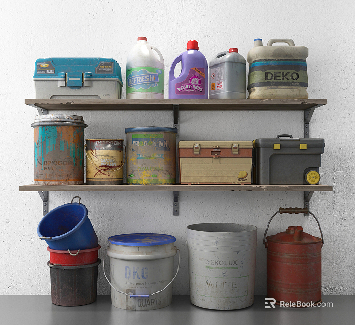Daily Washing and Cleaning Necessities Collection with Various Buckets Cans and Storage Boxes 3d model 