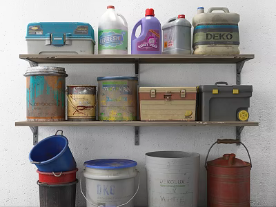 Daily Washing and Cleaning Necessities Collection with Various Buckets Cans and Storage Boxes 3d model