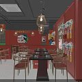 Traditional Hot Pot Restaurant Interior With Red Lanterns And Dining Tables Setup 3d model