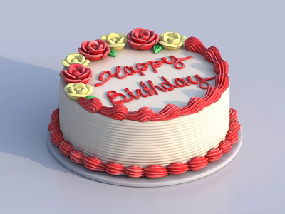 Delicious Birthday Cake With Happy Birthday Text Red Yellow Roses And White Cream 3d model