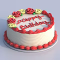 Delicious Birthday Cake With Happy Birthday Text Red Yellow Roses And White Cream