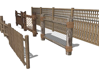 Various Designed Wooden Fences With Rope Accents And Grid Panels For Garden Use 3d model