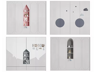 Playful Decorative Wardrobe Design With House Shaped Shelves Cloud Star Patterns And Arch Storage 3d model