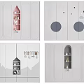 Playful Decorative Wardrobe Design With House Shaped Shelves Cloud Star Patterns And Arch Storage