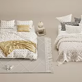 Stylish Double Beds With Decorative Pillows Soft Blankets Bedside Nightstand And Area Rug