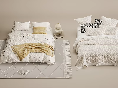 Stylish Double Beds With Decorative Pillows Soft Blankets Bedside Nightstand And Area Rug 3d model